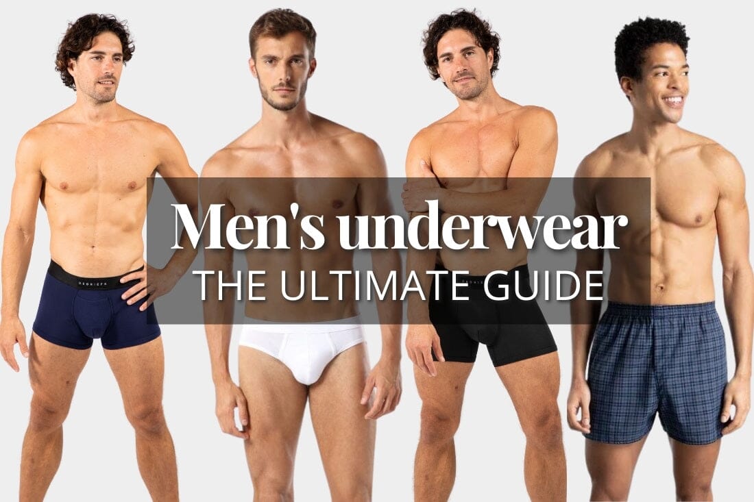 Men standing in underwear. Banner for The ultimate guide to mens underwear. Mens underwear types, styles and materials, and choosing the perfect pair.