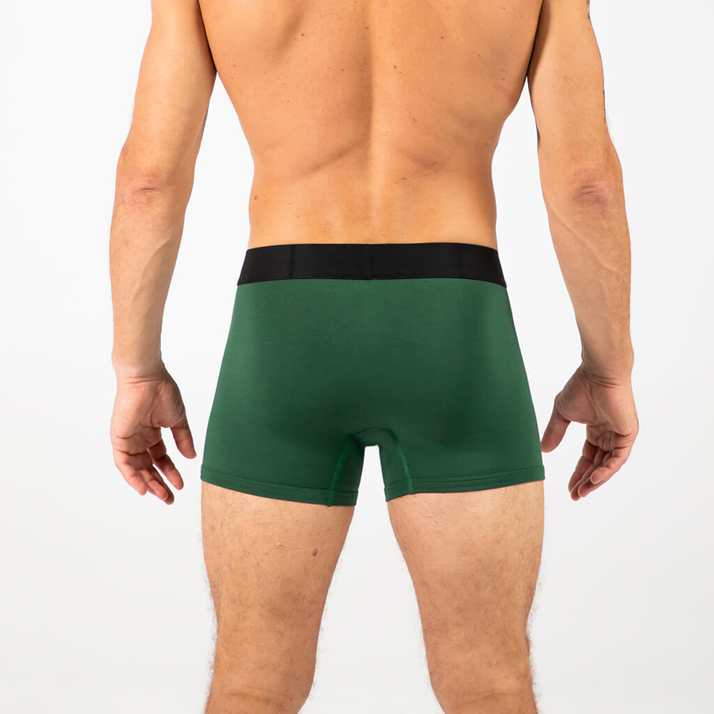 Man wearing Debriefs mens boxer briefs underwear - forest green rear