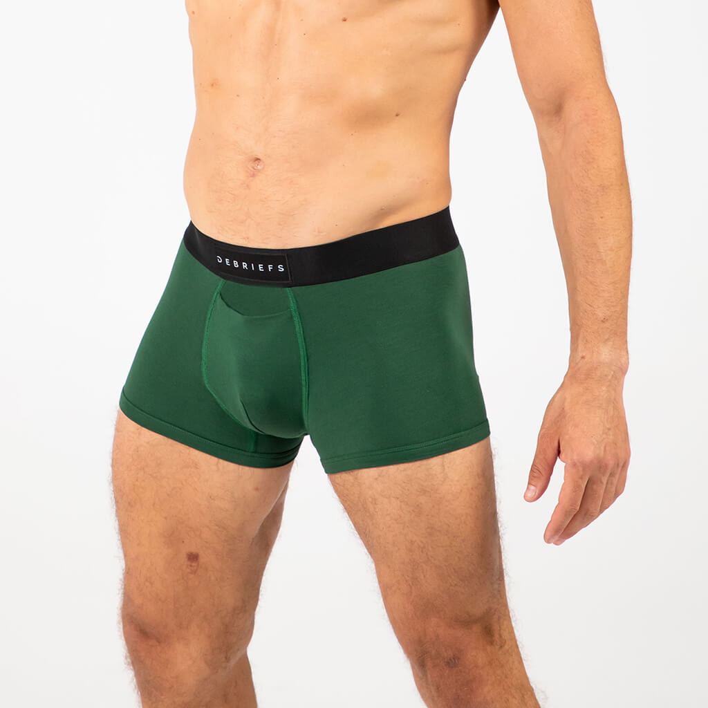 Man wearing Debriefs mens trunks underwear - forest green side