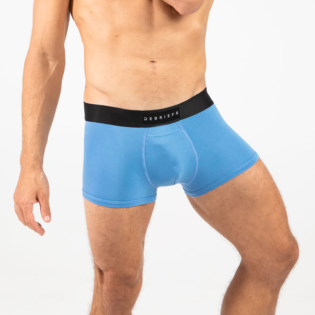 Man wearing Debriefs mens trunks underwear - blue side