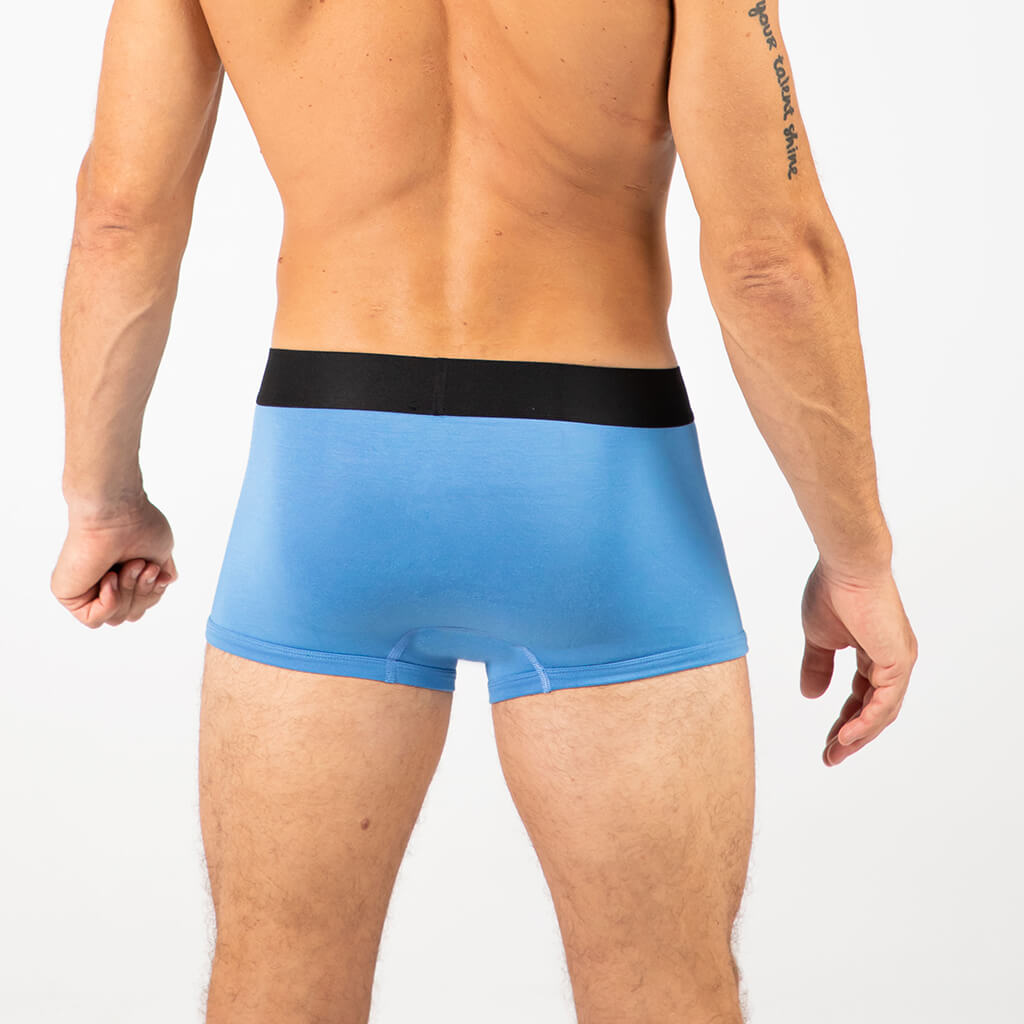 Man wearing Debriefs mens trunks underwear - blue rear