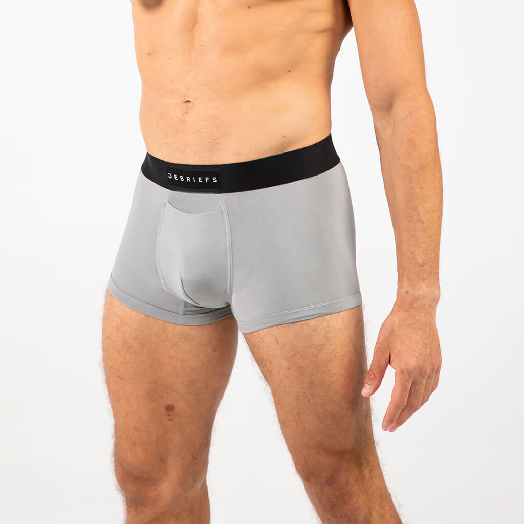Man wearing Debriefs mens trunks underwear - grey side