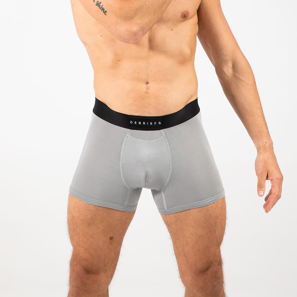 Man wearing Debriefs mens boxer briefs underwear - grey front