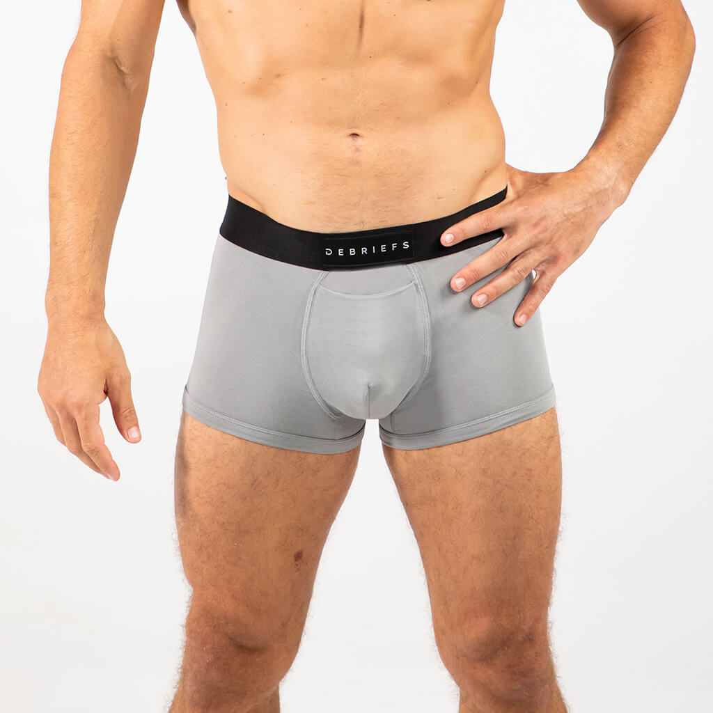 Man wearing Debriefs mens trunks underwear - grey front