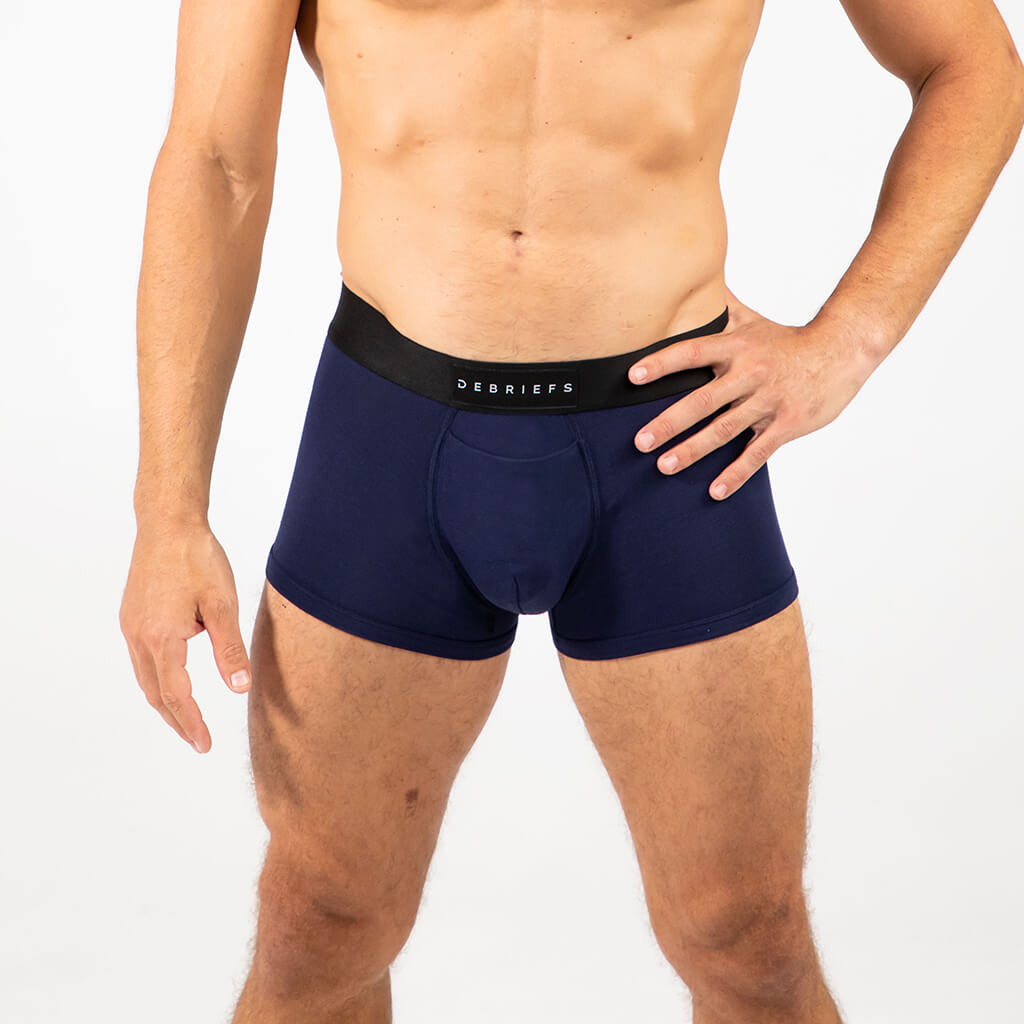 Man wearing Debriefs mens trunks underwear - midnight blue front