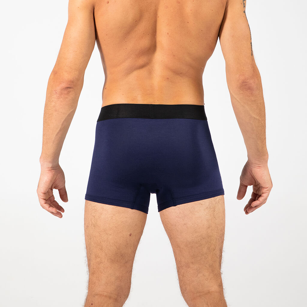 Man wearing Debriefs mens boxer briefs underwear - midnight blue rear