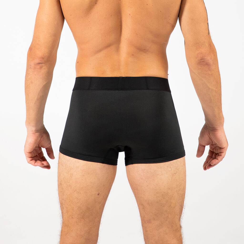 Man wearing Debriefs mens trunks underwear - black rear