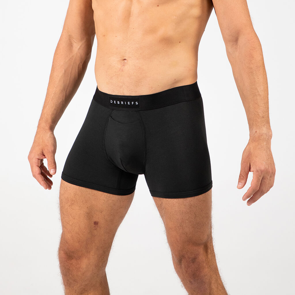 Man wearing Debriefs mens boxer briefs underwear - black side