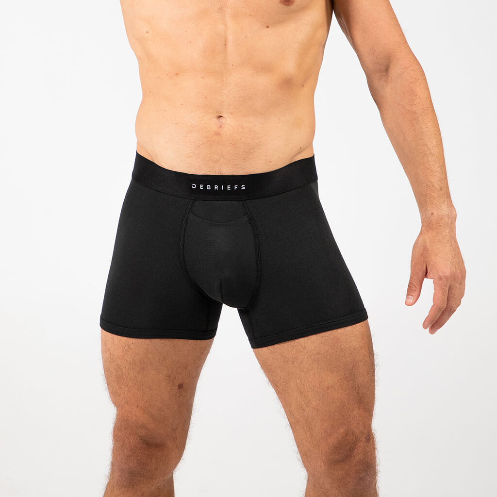 Man wearing Debriefs mens boxer briefs underwear - black front