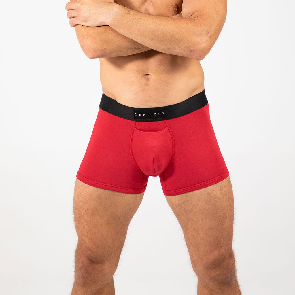 Man wearing Debriefs mens boxer briefs underwear - red front