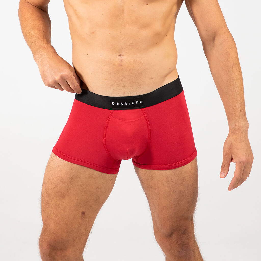 Man wearing Debriefs mens trunks underwear - red front
