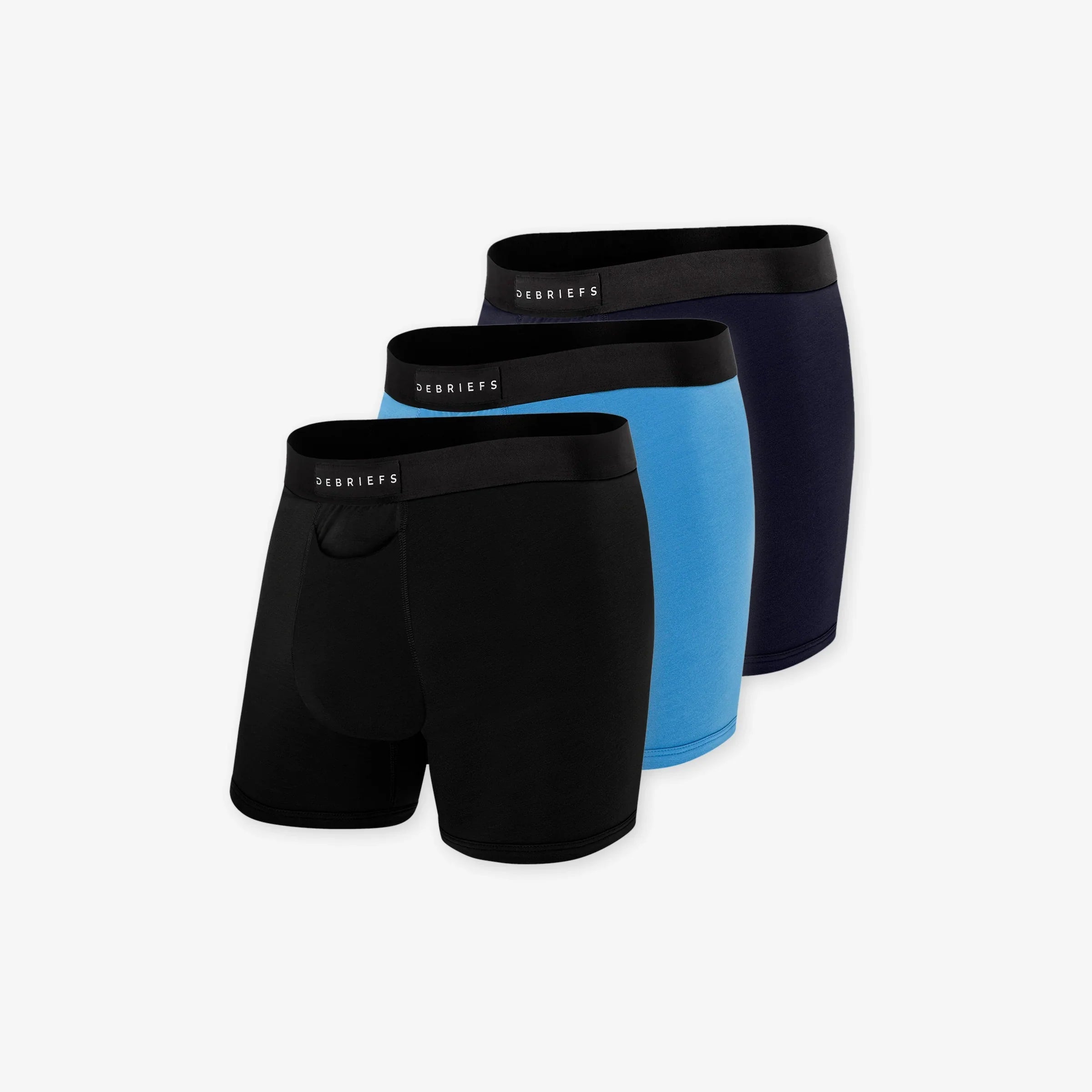 3 pack of men's boxer briefs underwear in black, blue and navy