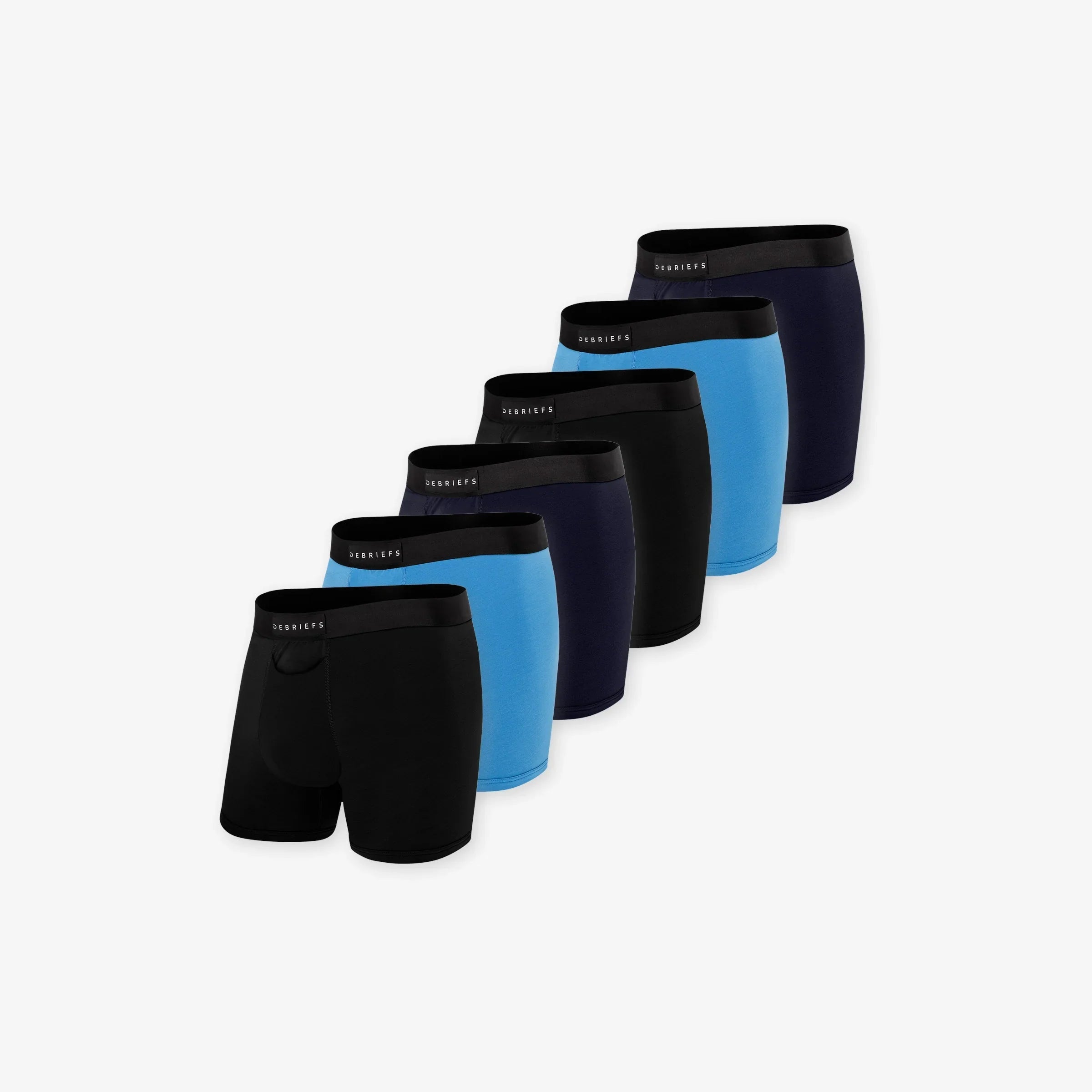 6 pack of men's boxer briefs underwear in black, blue and navy