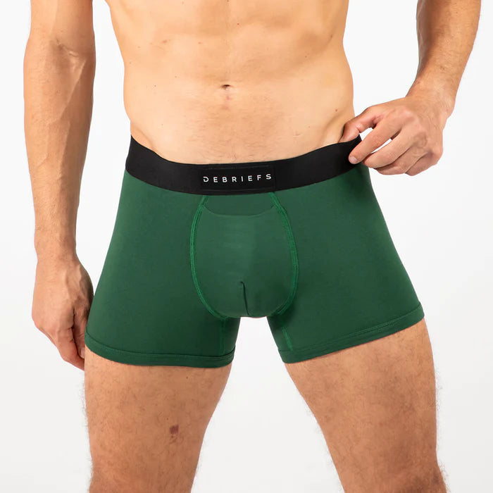 Man wearing green Debriefs boxer briefs underwear