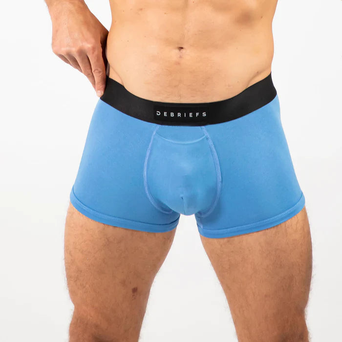 Man wearing blue Debriefs trunks underwear