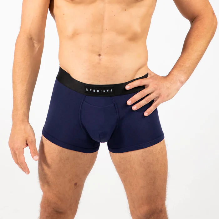 Man wearing navy blue Debriefs trunks underwear