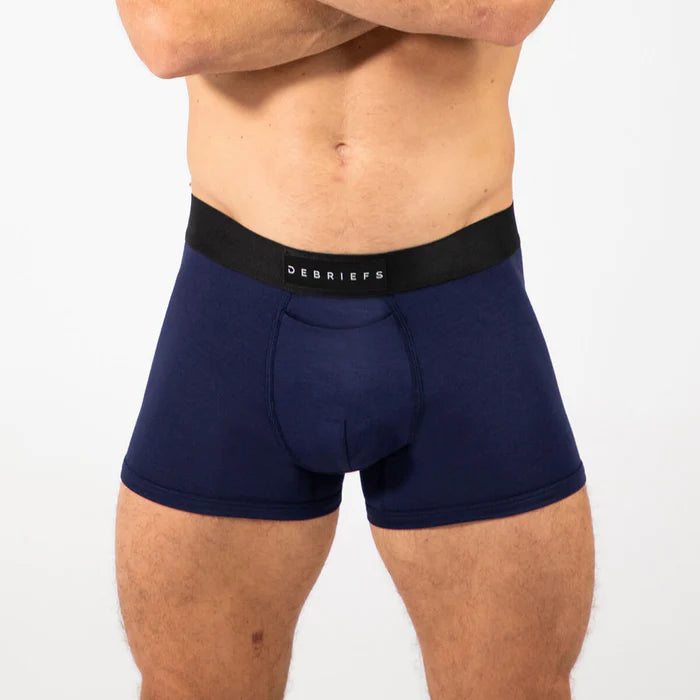 Man wearing navy blue Debriefs boxer briefs underwear
