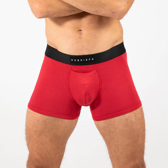 Man wearing red Debriefs boxer briefs underwear